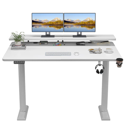 Shahoo Electric Standing Desk with Monitor Shelf, 55 x 24 Inches Height Adjustable Corner Table, Computer Workstation with Cup Holder and Hook for Home Office, White, 55x24 Inch - WoodArtSupply