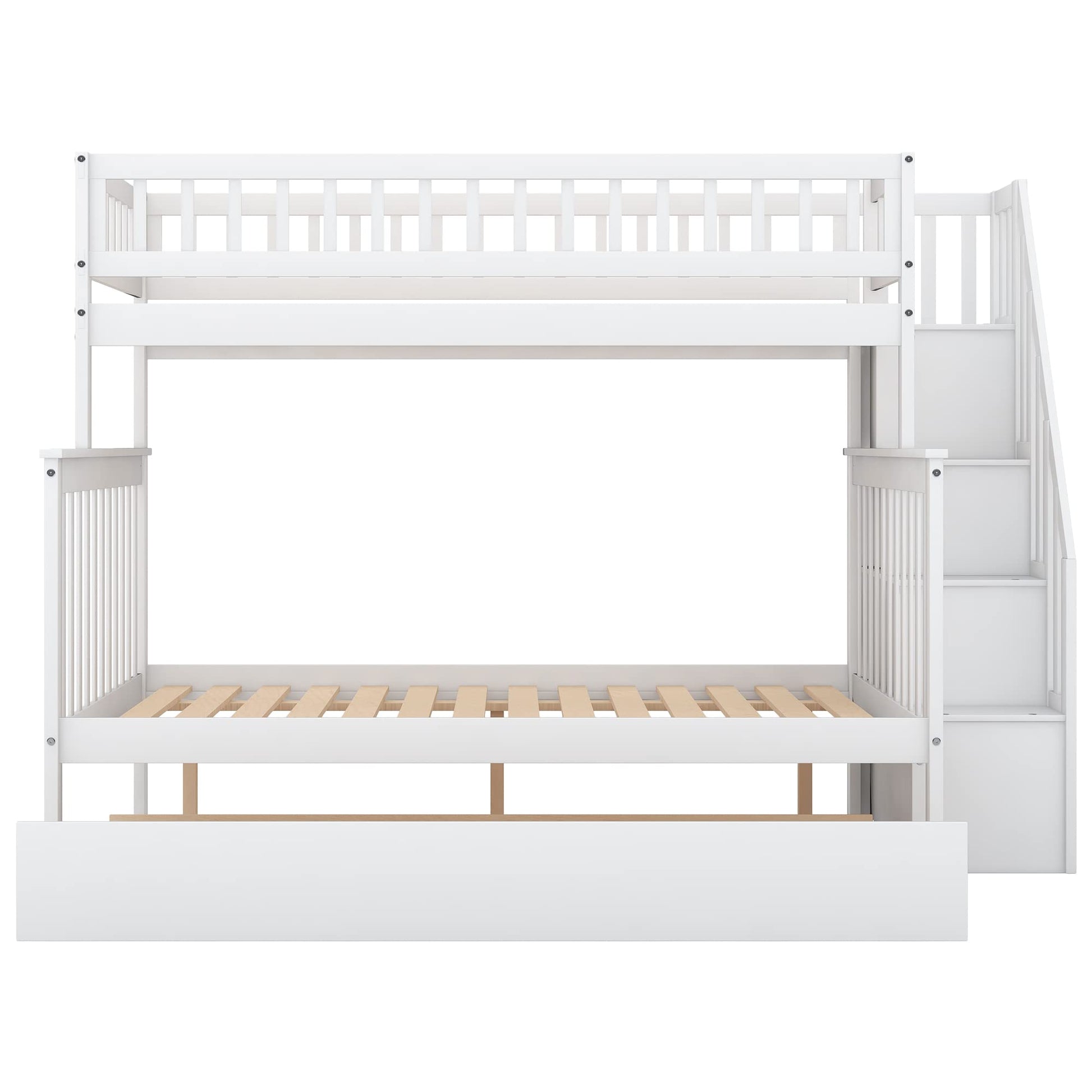 CITYLIGHT White Twin Over Full Bunk Bed with Trundle and Storage Stairway - WoodArtSupply