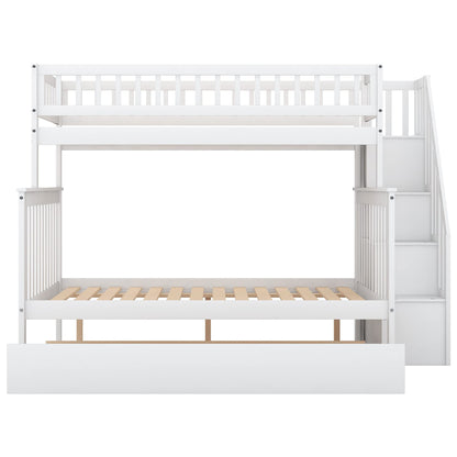 Harper & Bright Designs Twin Over Full Bunk Beds with Twin Size Trundle & Stairway, Solid Wood Bunk Bed Twin Over Full Size with Storage and Guard Rail for Bedroom, Dorm, Kids, Teens,Adults,White