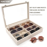 KLOUD City Luxury Sunglasses Organizer - 8 Slot Velvet Jewelry Storage Case with Clear Glass Lid | Dustproof, Scratch-Resistant Display for Glasses & Watches | Elegant Gift Box (14"x9.5") KLOUD City