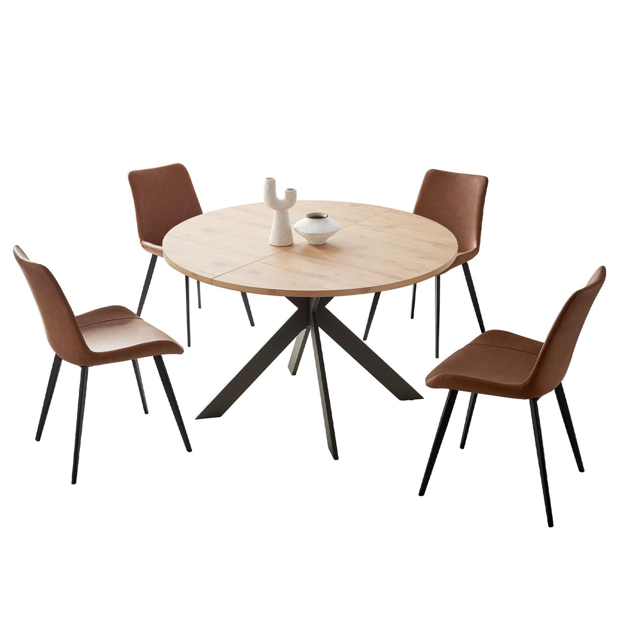 Zerifevni 46.4" Round Dining Table Set, Mid Century Modern Round Dining Table for 4-6 Person, w/Steel Legs, Coffee Table for Kitchen Dining Room, Office, Save Space (1 Table with 4 Brown Chairs) Zerifevni