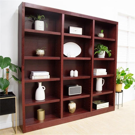 BOWERY HILL 72" Traditional Triple Wide Wood Bookcase with 12 Adjustable Shelves and 3 Fixed Shelves, Ready for Assembly, for Home/Office Use, in Cherry Finish BOWERY HILL