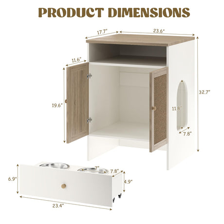 Cat Litter Box Enclosure Furniture Hidden - Indoor 3-in-1 Wooden Cat House & Washroom Cabinet with Scratching Board Doors, Shelf and Feeder Bowls, 23.6”x17.7”x32.7”H Faceket