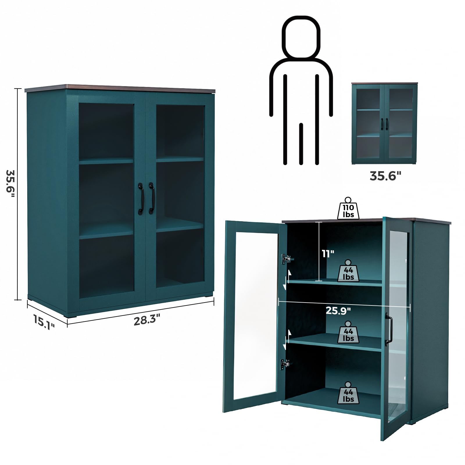 Vrullu Storage Cabinet, Green Free Standing Buffet Cabinet, Accent Kitchen Cabinet with Tempered Glass Doors, Wood Display Cabinet with Adjustable Shelf, Curio Cabinet for Living Room, Hallwa - WoodArtSupply