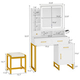 DWVO Vanity Desk with Mirror and Lights, Makeup Vanity Set with Adjustable 3-Mode Lighting and Power Outlet, Vanity Desk with Multiple Storage Drawers, Shelves, Cabinet and Stool, Frost White DWVO