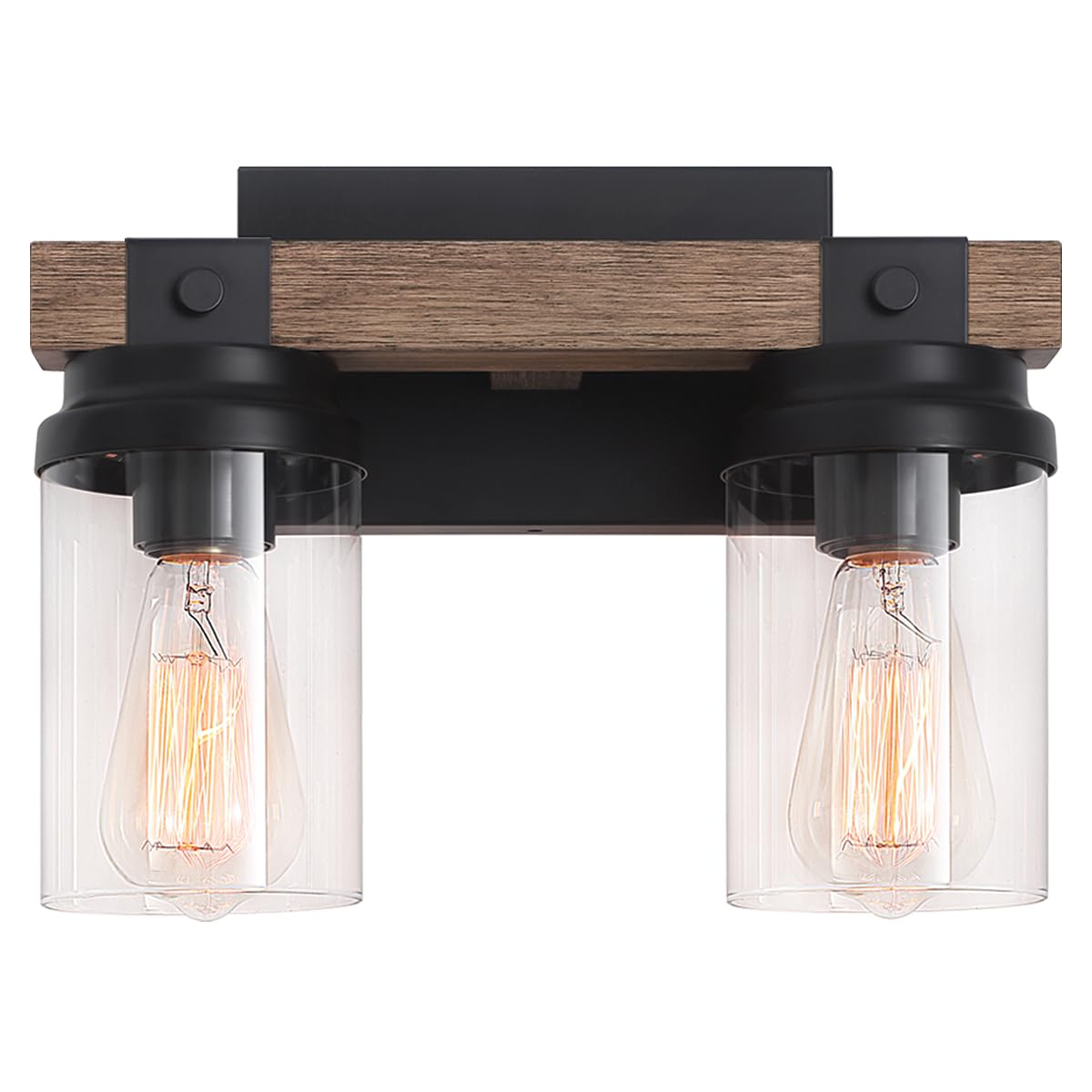 Farmhouse Wood Vanity Light, 2-Lights Bathroom Vanity Light, Rustic Black Bathroom Lighting Fixtures Over Mirror, Vintage Industrial Wall Sconces with Durable Glass Shade - WoodArtSupply