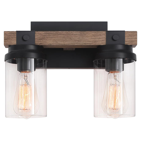 Farmhouse Wood Vanity Light, 2-Lights Bathroom Vanity Light, Rustic Black Bathroom Lighting Fixtures Over Mirror, Vintage Industrial Wall Sconces with Durable Glass Shade ZSMIHDOH