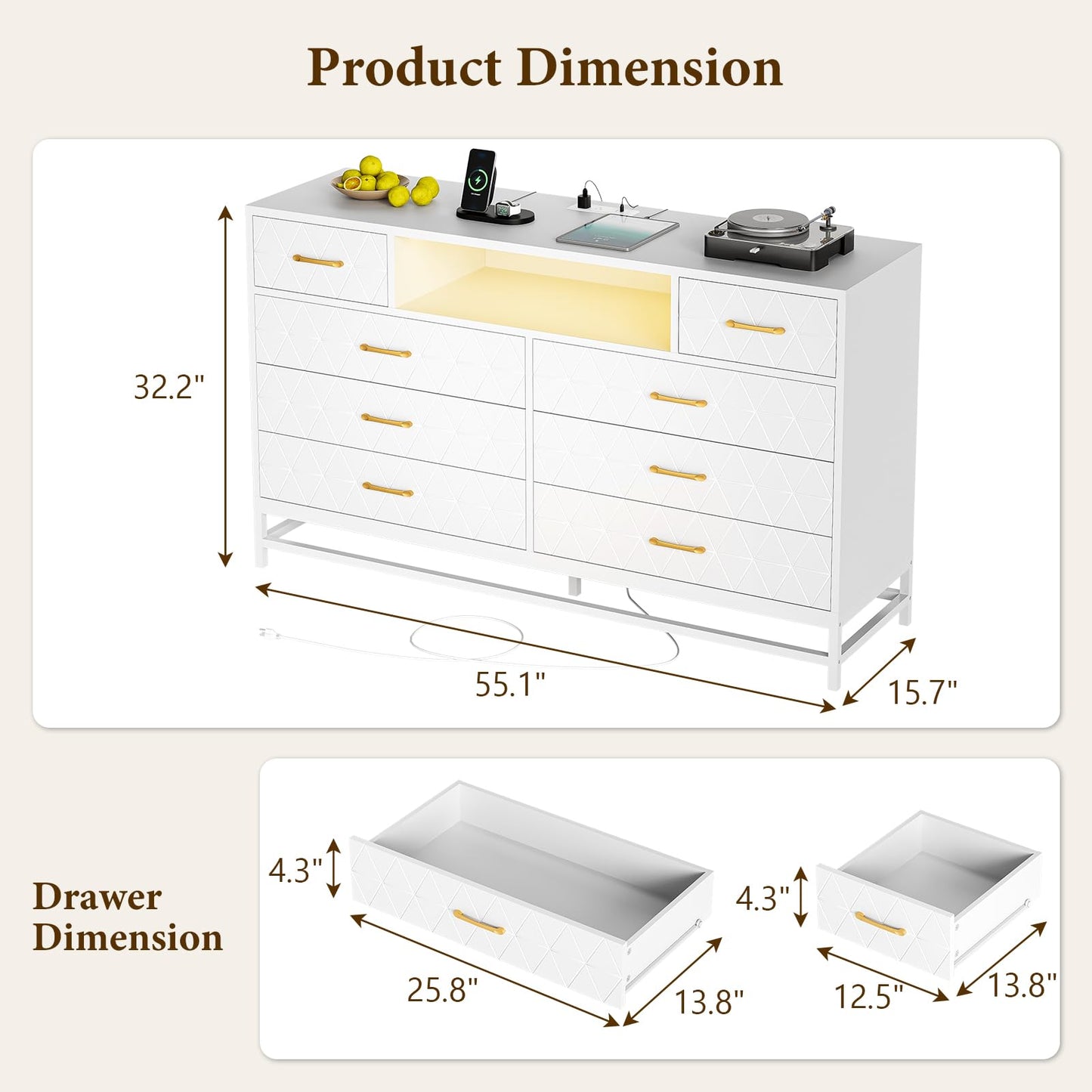 Patikuin White Dresser for Bedroom, 8 Drawer Dresser with Power Outlet, 55" Tv Stand Large Dresser Wooden with Led Light, Modern Dressers with Deep Drawers, Big Wide Chest of Drawers Storage Dresser