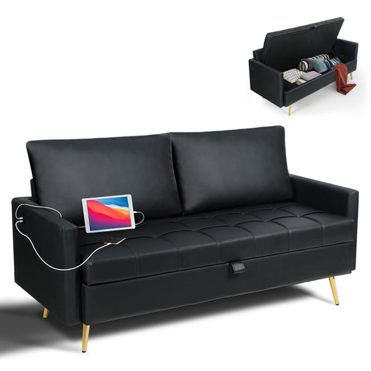 LINLUX 60" W Black Leather Couch with Storage, Loveseat Sofa Couches for Living Room, Bedroom, Office, Dorm, Comfy Cushion, 2 USB Charging Ports