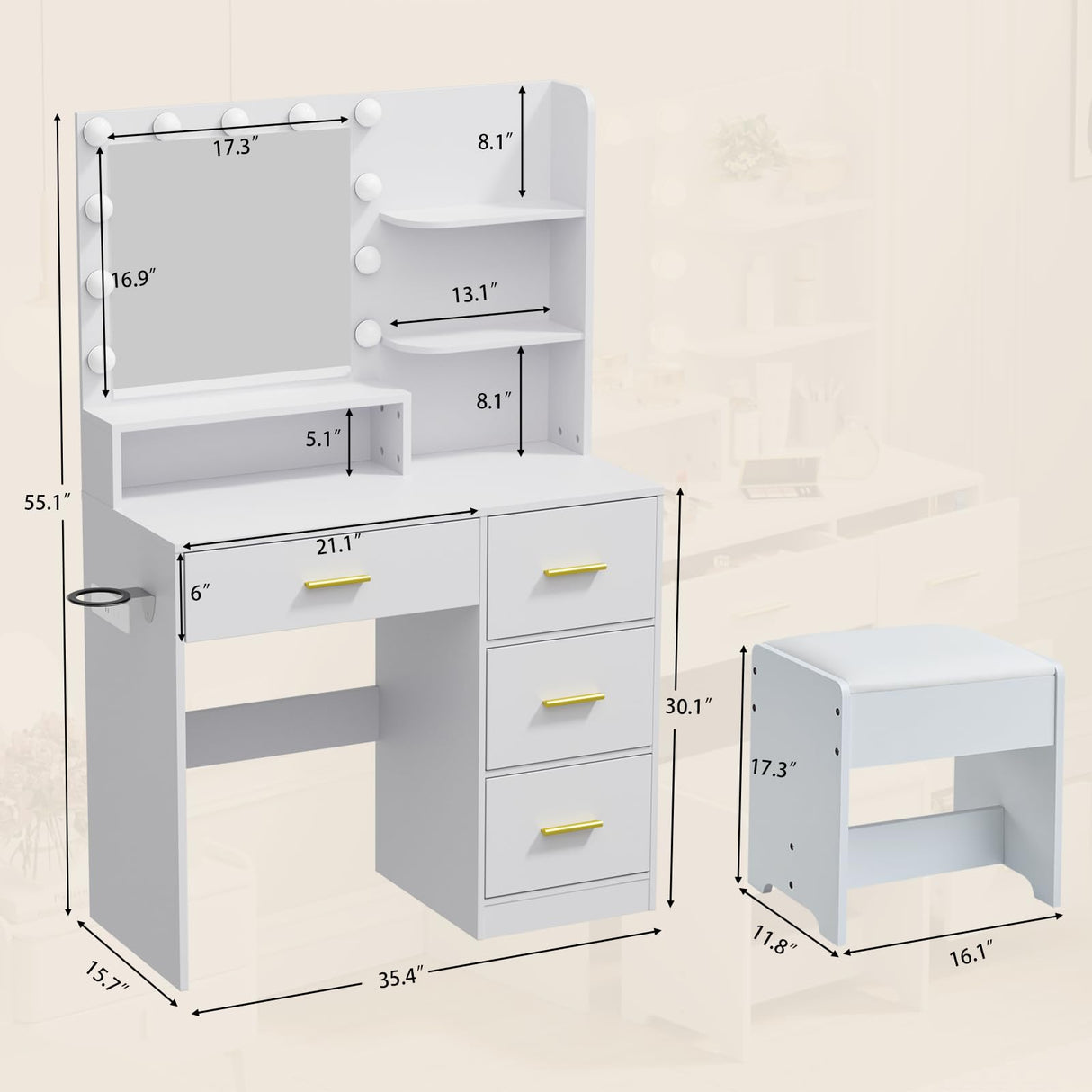 Alaxgumrol Makeup Vanity with Lights & Mirror, Vanity Desk with Power Outlet, White Vanity Set with 2 Drawers, Dressing Table with Adjustable 3 Lighting Color (White, Right Drawer) Alaxgumrol