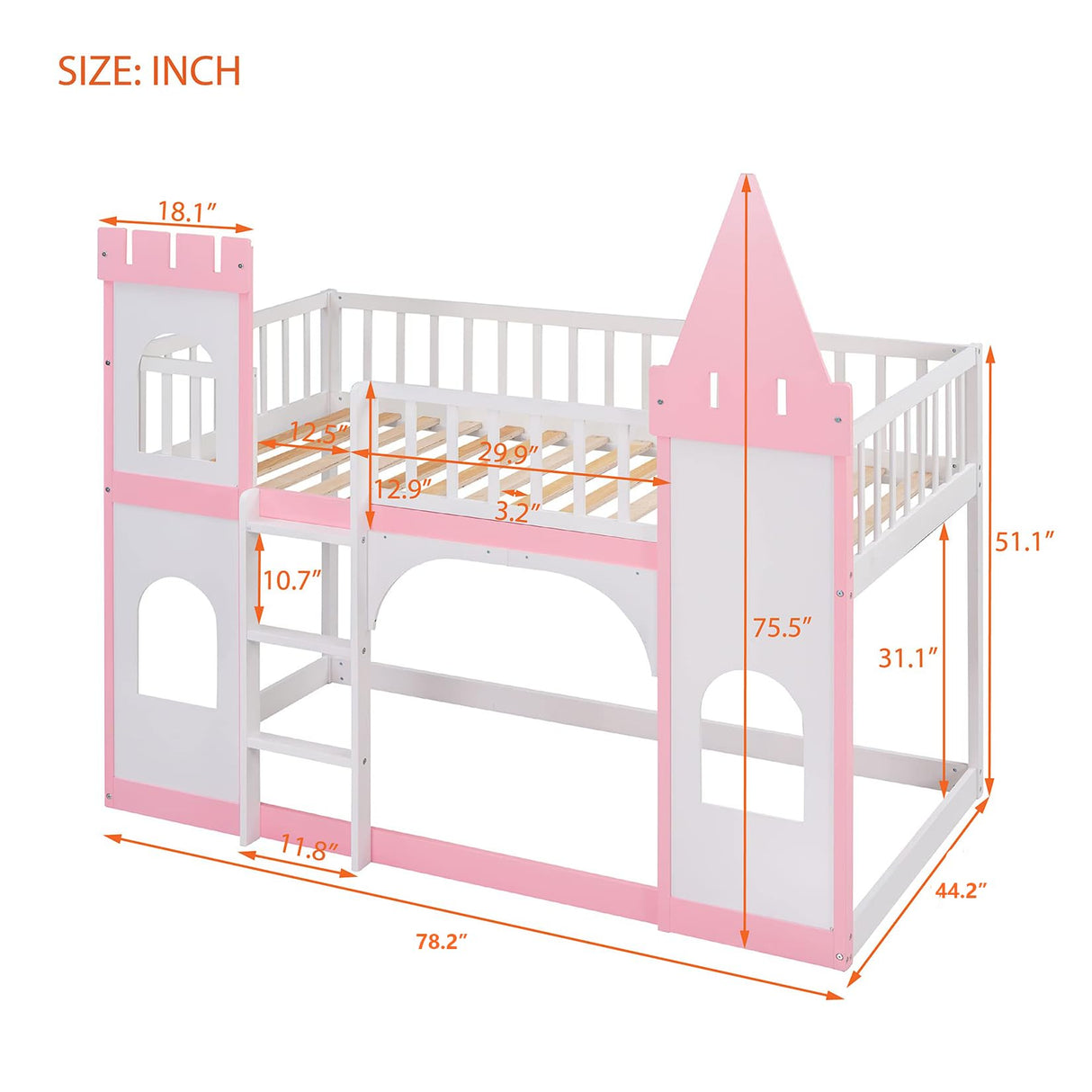 Harper & Bright Designs Twin Over Twin Kids Bunk Bed, Twin Loft Bed with Castle Shape Design, Wooden Floor Bunk Beds for Girls Boys Bedroom Dorm, Pink Harper & Bright Designs