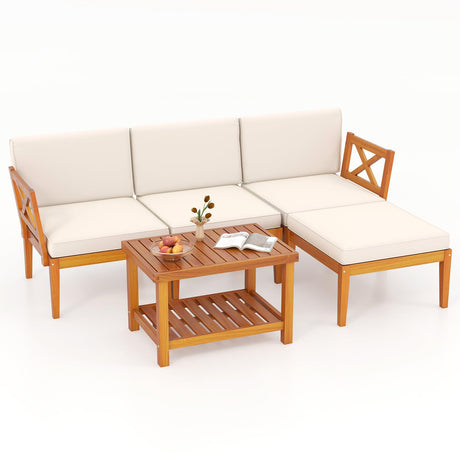 Tangkula L Shaped Outdoor Furniture Set, 5 Pieces Acacia Wood Patio Conversation Set, Modular Outdoor Lounge Sofa Set w/Cushions and Coffee Table for Garden, Backyard, Poolside Tangkula