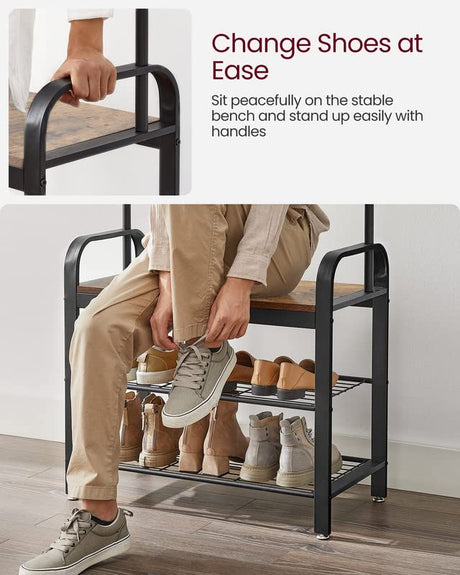 VASAGLE Coat Rack, Hall Tree with Shoe Bench for Entryway, Entryway Bench with Coat Rack, 4-in-1, with 9 Removable Hooks, a Hanging Rod, 13.3 x 28.3 x 72.1 Inches, Rustic Brown and Black UHSR40B VASAGLE