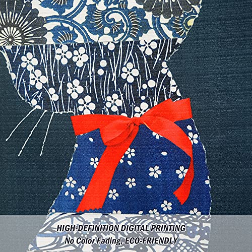 LIGICKY Noren Japanese Style Doorway Curtain Cat with Traditional Chinese Floral Printed Door Tapestry Boho Décor Room Divider Curtains, 33.5" Width x 59" Long Navy Blue LIGICKY