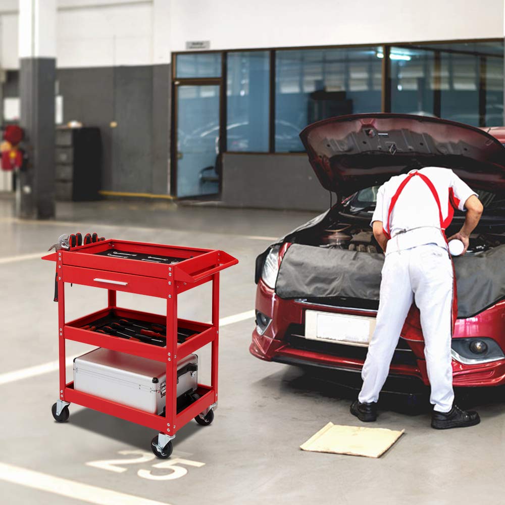 TUFFIOM 3 Tier Rolling Tool Cart, 330 LBS Capacity Industrial Service Cart, Heavy Duty Steel Utility Cart, Tool Organizer with Drawer, Perfect for Garage, Warehouse & Repair Shop (Red) - WoodArtSupply