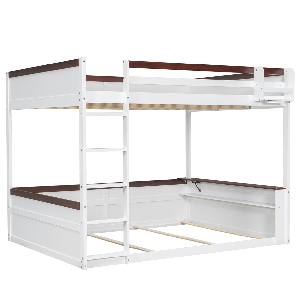 Merax Queen Over Queen Bunk Bed with Built-in Shelves for Teens Adults, Wood Bunk Bed with Light, USB Charging Station, No Box Spring Needed, White Brown Merax