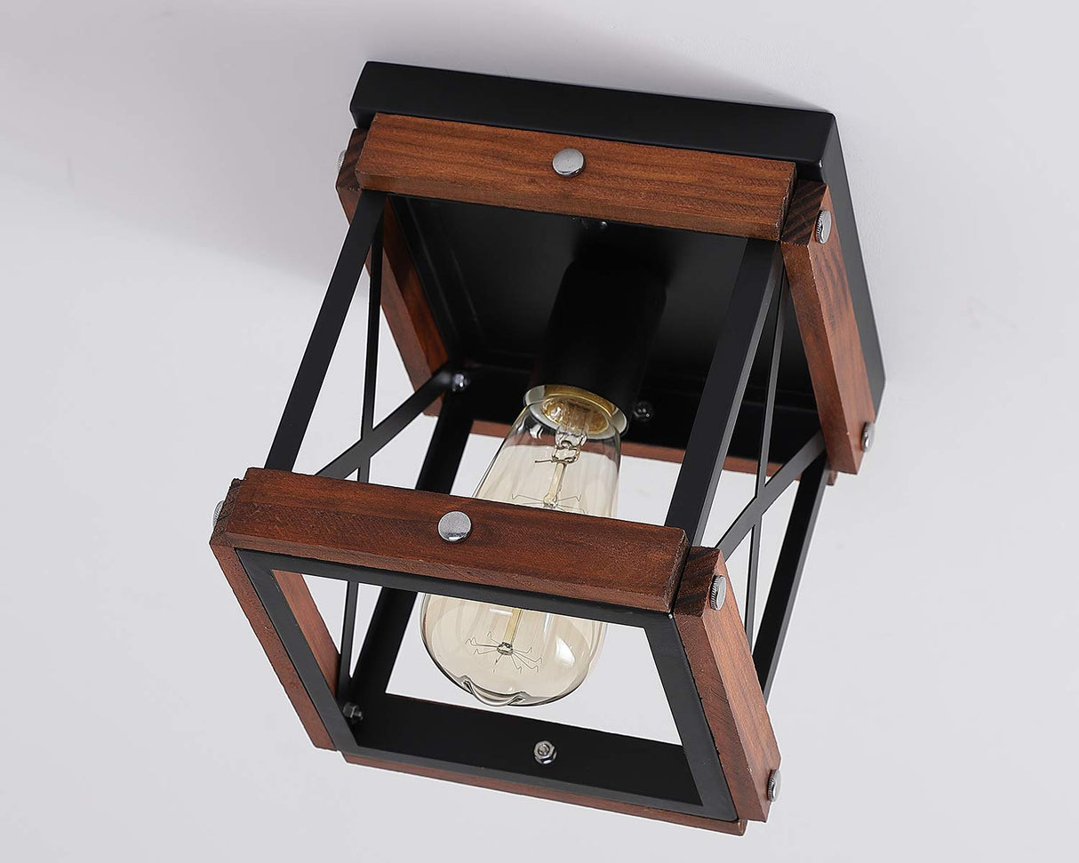 Fivess Lighting Rustic Farmhouse Flush Mount Ceiling Light 1-Light Metal and Wood Cage Mini Semi Flush Mount Light Fixture for Hallway Kitchen Entryway, Black Fivess Lighting