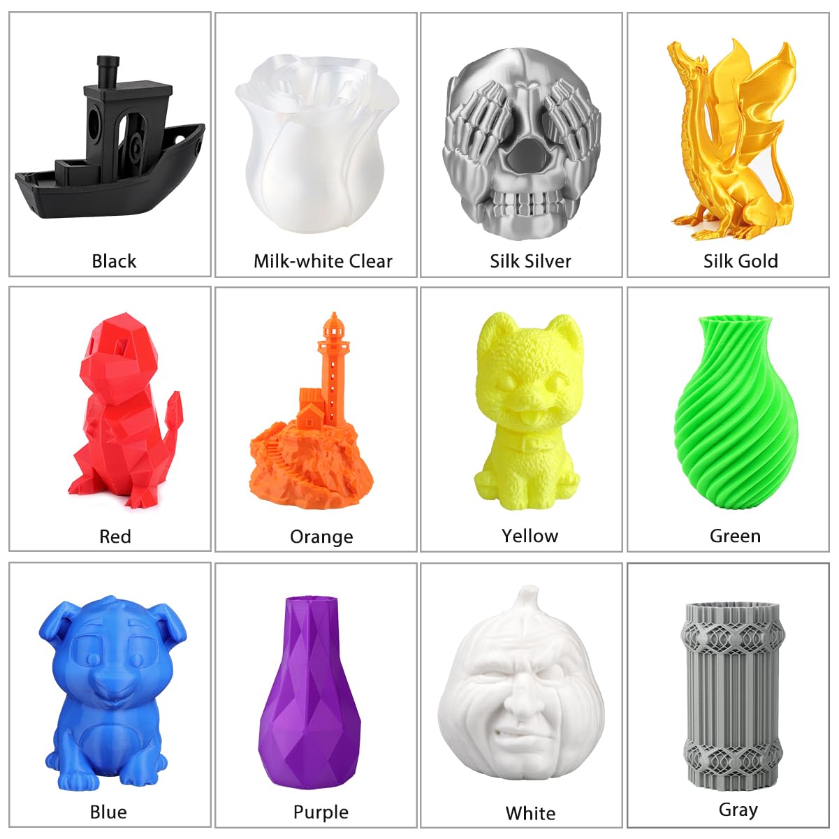 dikale PLA+ 3D Printer Filament 1.75mm No Tangle, Net Weight 250g Spool, 12 Packs, PLA Pro Plus, 12 Assorted Multiple Colors, Total 3KG Material dikale