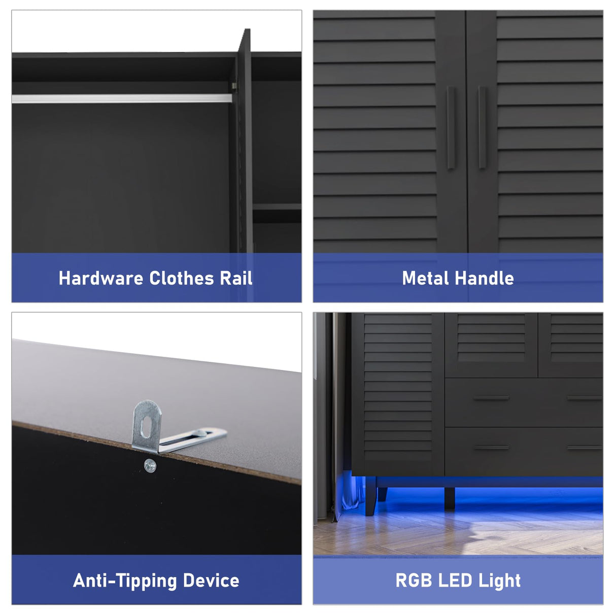 jiteentarou 4 Door Armoire Wardrobe Closet Cabinet with Drawers and LED Lights, Multi-Tier Shelves, Hanging Rod & Louver Doors, Large Capacity Storage Wardrobe Armoire for Bedroom(4 Doors Black) jiteentarou