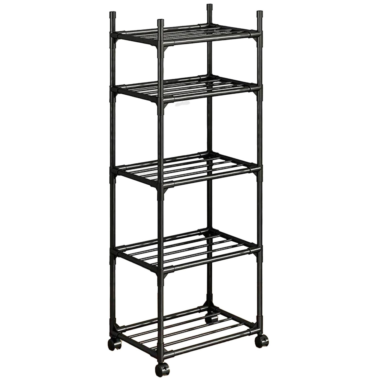 Susuzi 6-Tier Storage Shelves – 66" Tall Metal Shelving Unit with Wheels, 150lb Capacity – Compact 16.5" W x 13" D for Garage, Kitchen & Office (Black) (5-Tier) Susuzi