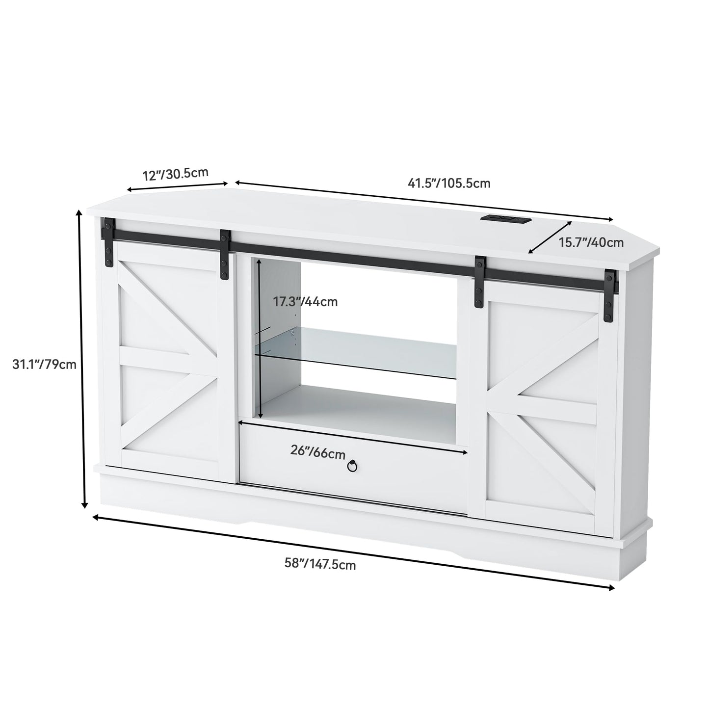 YITAHOME Corner TV Stand for 65 Inch TV, Corner Entertainment Center with Sliding Barn Door & Power Outlet, Farmhouse Console Table and Media Furniture for Living Room, 58 Inch White