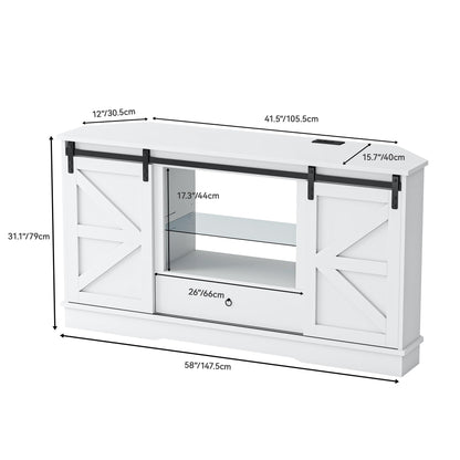 YITAHOME Corner TV Stand for 65 Inch TV, Corner Entertainment Center with Sliding Barn Door & Power Outlet, Farmhouse Console Table and Media Furniture for Living Room, 58 Inch White