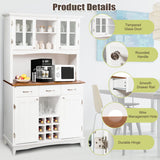 COSTWAY Kitchen Hutch Storage Cabinet, Freestanding Pantry Buffet Sideboard, Modern Buffet Cupboard w/Wine Rack, Adjustable Shelves, Tempered Glass Cabinets, Drawers, Microwave Stand (White) COSTWAY