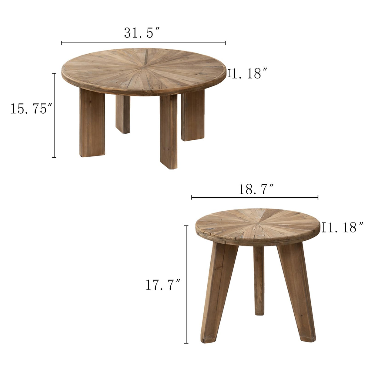 HuiDao Farmhouse Living Room Coffee Table Set of 2, Modern Circle Nesting Table Round Natural Finish with Handcrafted Old Solid Wood, Wooden Unique Coffee Table HuiDao