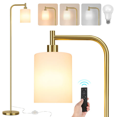 QiMH Floor Lamps for Living Room Bedroom, Gold Modern Lamp with Remote Control & Foot Switch, Industrial Standing Lamp Dimmable Colors Temperature Brightness for Home Office (Smart Bulb Included) QiMH