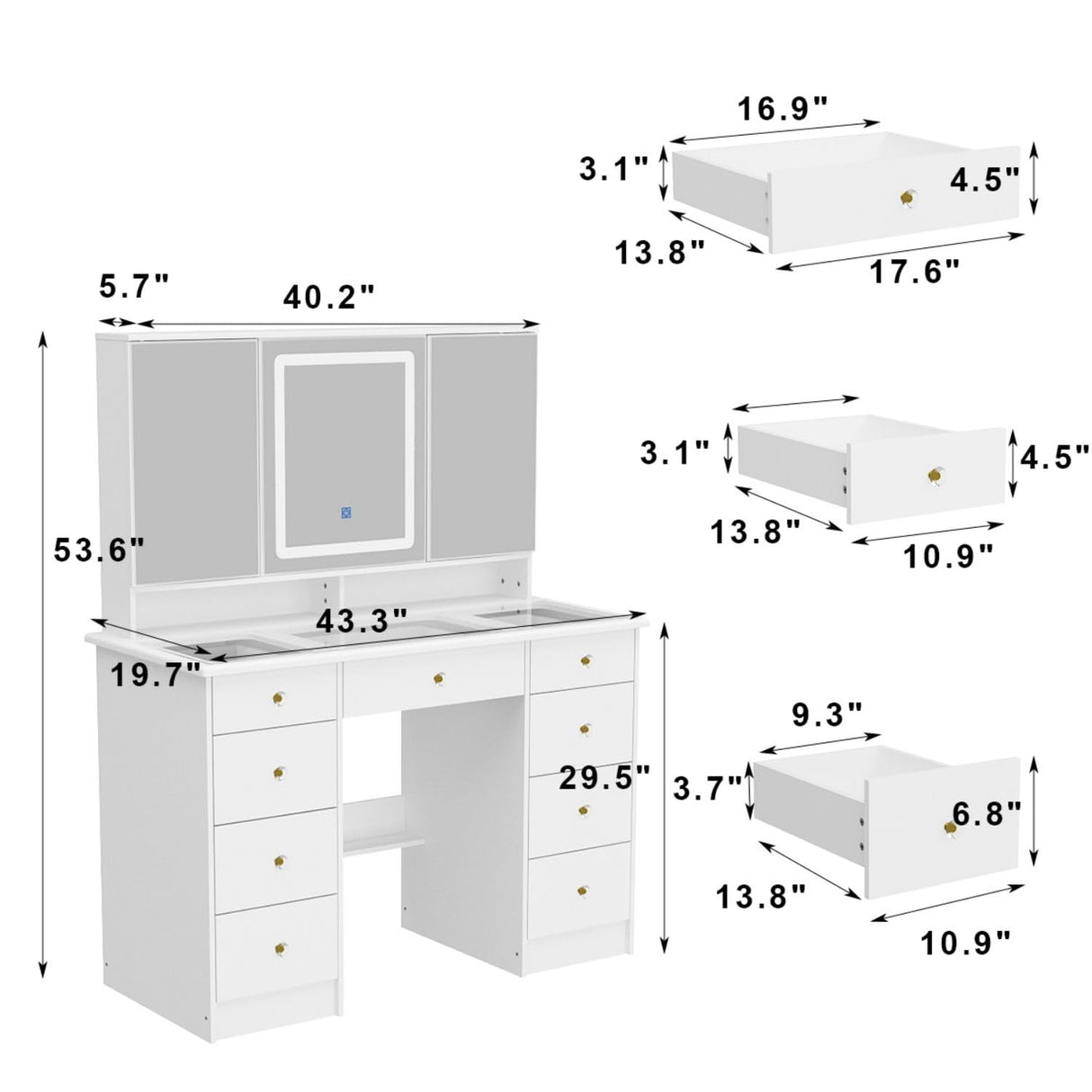 MOUMON Large Vanity Desk with Open Mirror and Glass Tabletop, Vanity Desk with Mirror and Lights, Drawers and Shelves, Crystal Handles, Cushion Stool not Included, White (43.3”W x 19.7”D x 53.6”H) MOUMON