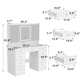 MOUMON Large Vanity Desk with Open Mirror and Glass Tabletop, Vanity Desk with Mirror and Lights, Drawers and Shelves, Crystal Handles, Cushion Stool not Included, White (43.3”W x 19.7”D x 53.6”H) MOUMON