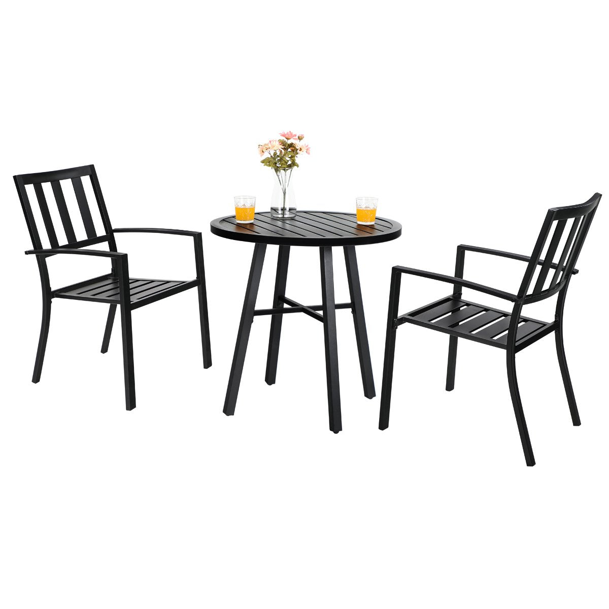 PHI VILLA 3 Piece Outdoor Patio Bistro Dining Set, Slatted Metal Round Table & 2 Patio Chairs, Outdoor Furniture Set for Porch, Deck PHI VILLA