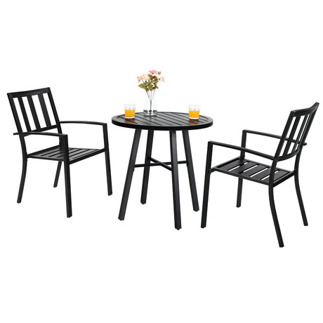 PHI VILLA 3 Piece Outdoor Patio Bistro Dining Set, Slatted Metal Round Table & 2 Patio Chairs, Outdoor Furniture Set for Porch, Deck PHI VILLA