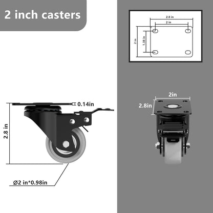 2 Inch Wheel Casters,Set of 4 Heavy-Duty Industrial Caster Wheels with Brake PU No Noise Wheels with Double Locking and Double Ball Bearing Swivel Locking Casters for Furniture, Plate Castors Grey