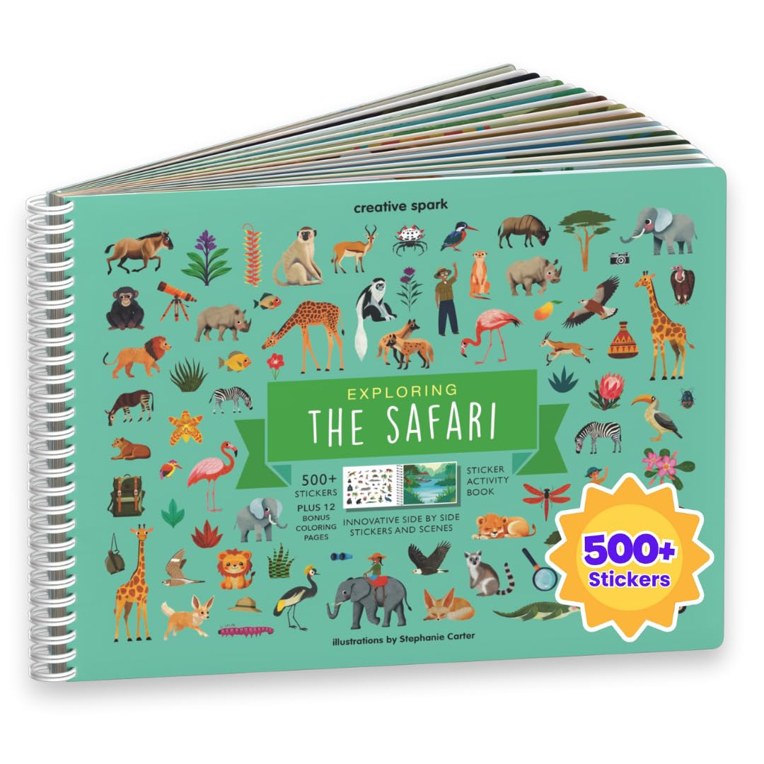 Cupkin Safari Animal Sticker Book Activity for Kids, Toddler Airplane Travel Essentials, 500+ Stickers for Kids + 12 Scenes + 12 Coloring Book Pages, Animal Lover Children's Gift, Crafts Ages 2-8 CUPKIN