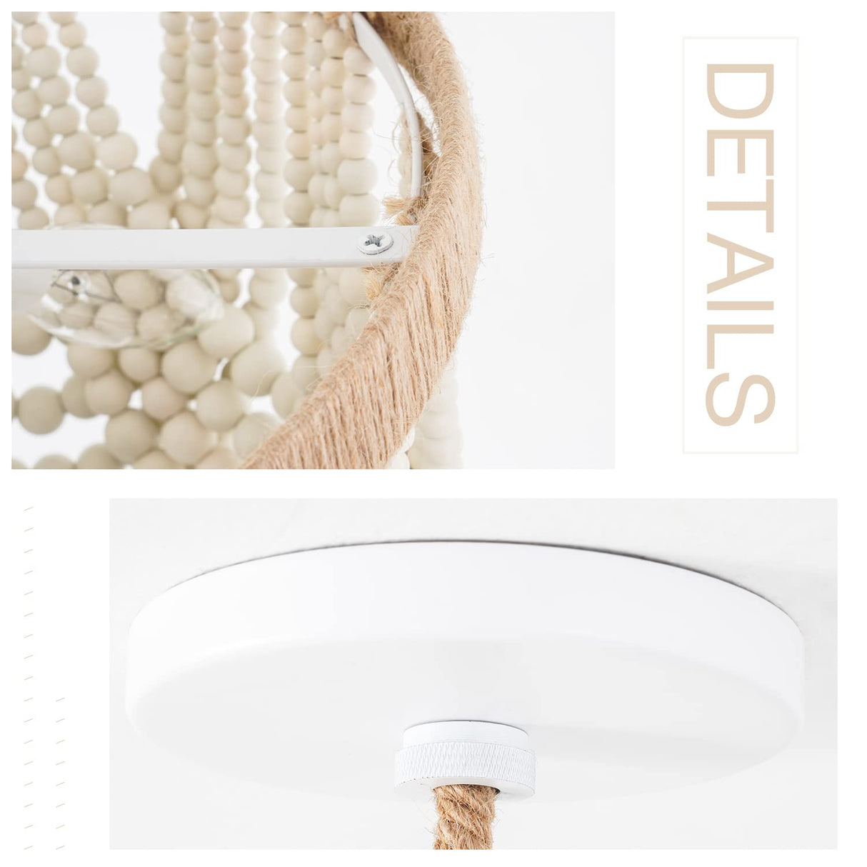 VILUXY Bohemia Wood Beaded Pendant Lights Antique Rustic Mini Chandelier White Finishing for Bedroom, Nursery Room, Girl Room, Hallway, Entryway, Passway, Dining Room, 3-Light VILUXY