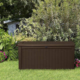 Keter Borneo 110 Gallon Resin Backyard Deck Box, Lockable Patio Storage Bench and Outdoor Poolside Accessory Organizer, Brown Keter