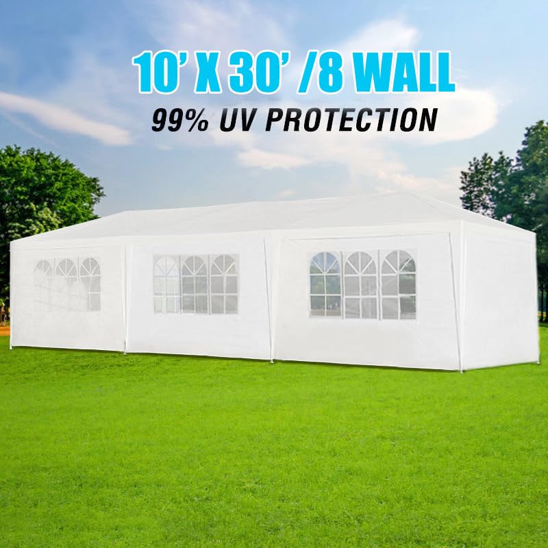 FEIYAW 10x30 FT Outdoor Canopy Tent, White Party Tent Wedding Birthday Tents with 8 Removable Sidewalls, Gazebo w/Transparent Windows Outside Gazebo Event Tent for Parties Garden Patio and Ba - WoodArtSupply