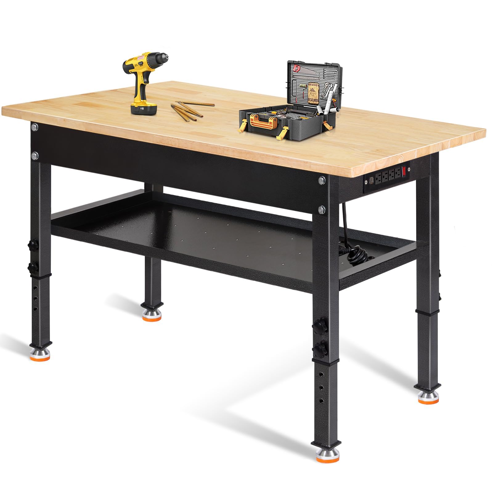 48"/60'' Adjustable Workbench, Rubber Wood Top Work Bench Heavy-Duty Work Table w/Power Outlet, Partition,2000 LBS Load Capacity Work Benches for Garage, Workshop, Home, Office, Easy Assembly - WoodArtSupply