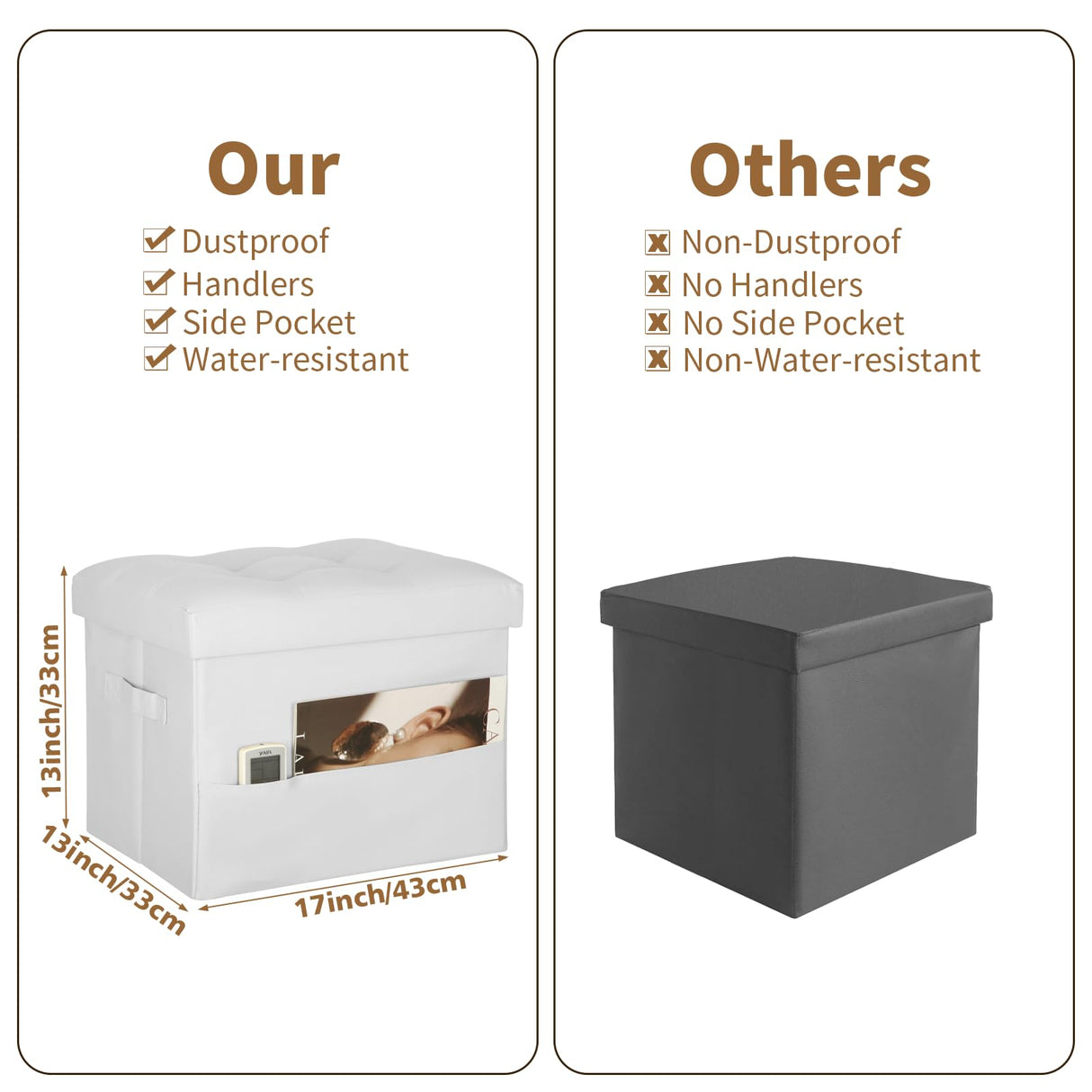 BelugaHelper Ottoman with Storage. Leather Foldable Ottomans with Thick Foam Padded Seat. Foot Rest Stool Storage for Living Room and Bedroom. Side Pockets and Handles Designed. 17x13x13in, White BelugaHelper