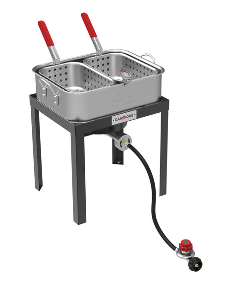 Gas One Double Fryer with 2 Baskets Propane Burners for Outdoor Cooking – Heavy Duty 18Qt Aluminum Pot Outdoor Deep Fryer with Cast Iron Burner – Propane Deep Fryer with Thermometer Gas One