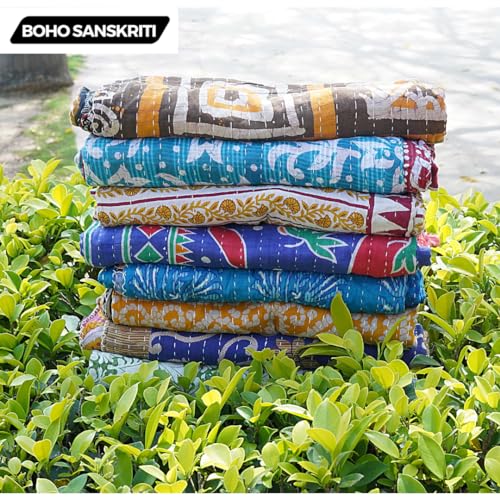 Boho Sanskriti Indian Quilt Vintage Bedspreads,Throws,Ralli, Lot Kantha Reversible Bedcover Bedspread Throw Cotton Blanket Gudari -Single Pieces, Twin Boho Sanskriti