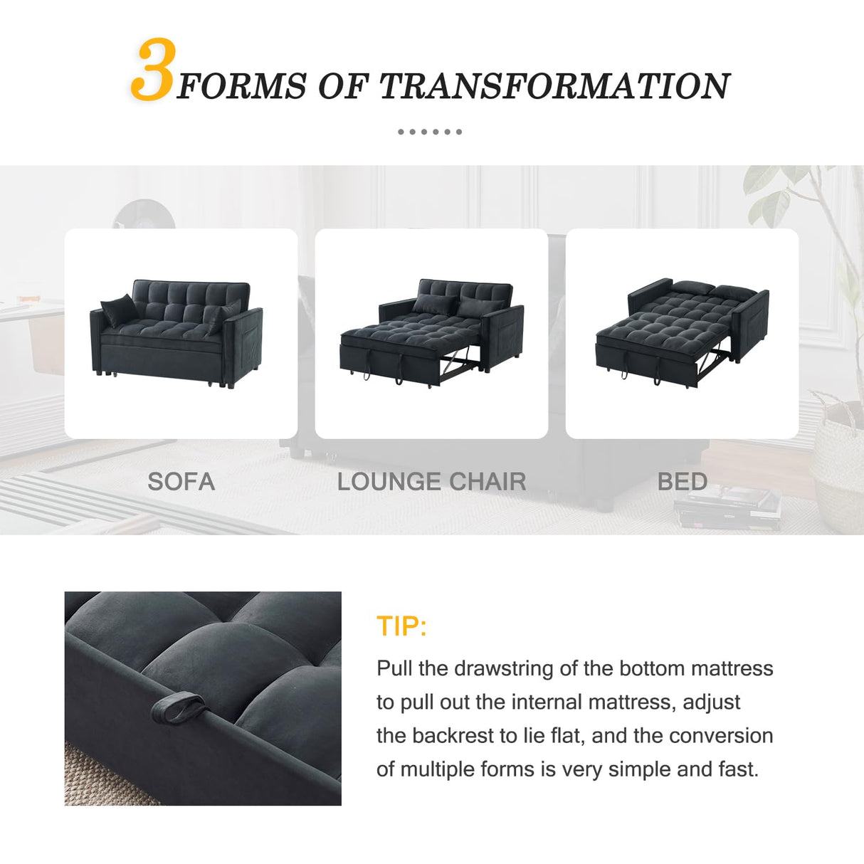 FENFSHE Futon Sofa Bed, Modern Velvet 3 in 1 Sleeper Sofa Couch Bed, Pullout Couch Bed with Adjustable Backrest, Storage Pockets and Toss Pillows for Living Room, Bedroom (Black) FENFSHE