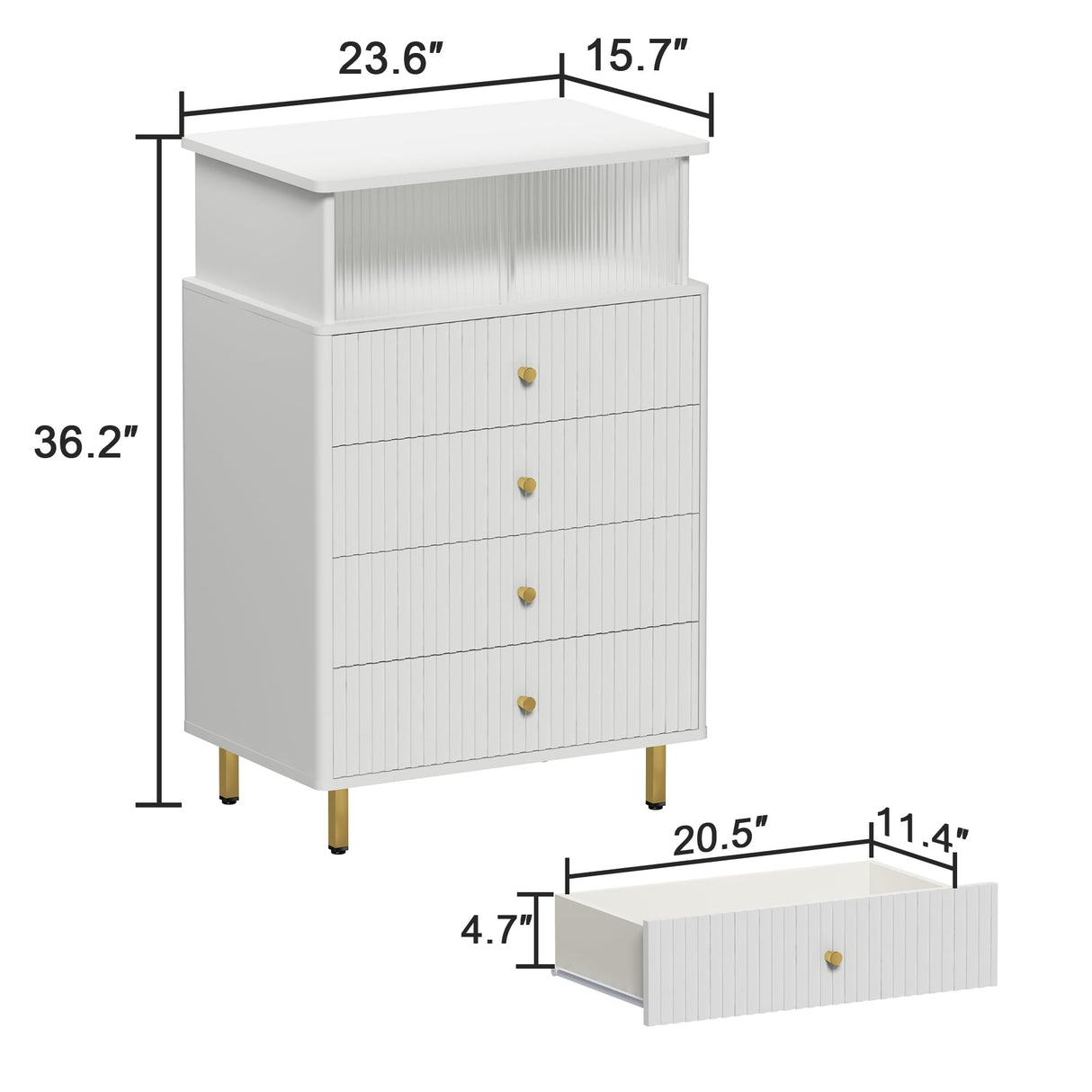ChooChoo Dresser for Bedroom with Large Capacity, 4 Drawer Dresser with LED and Acrylic, Modern White and Gold Dresser Tall, Chest of Drawers with Storage Space for Hallway, Entryway (White) ChooChoo