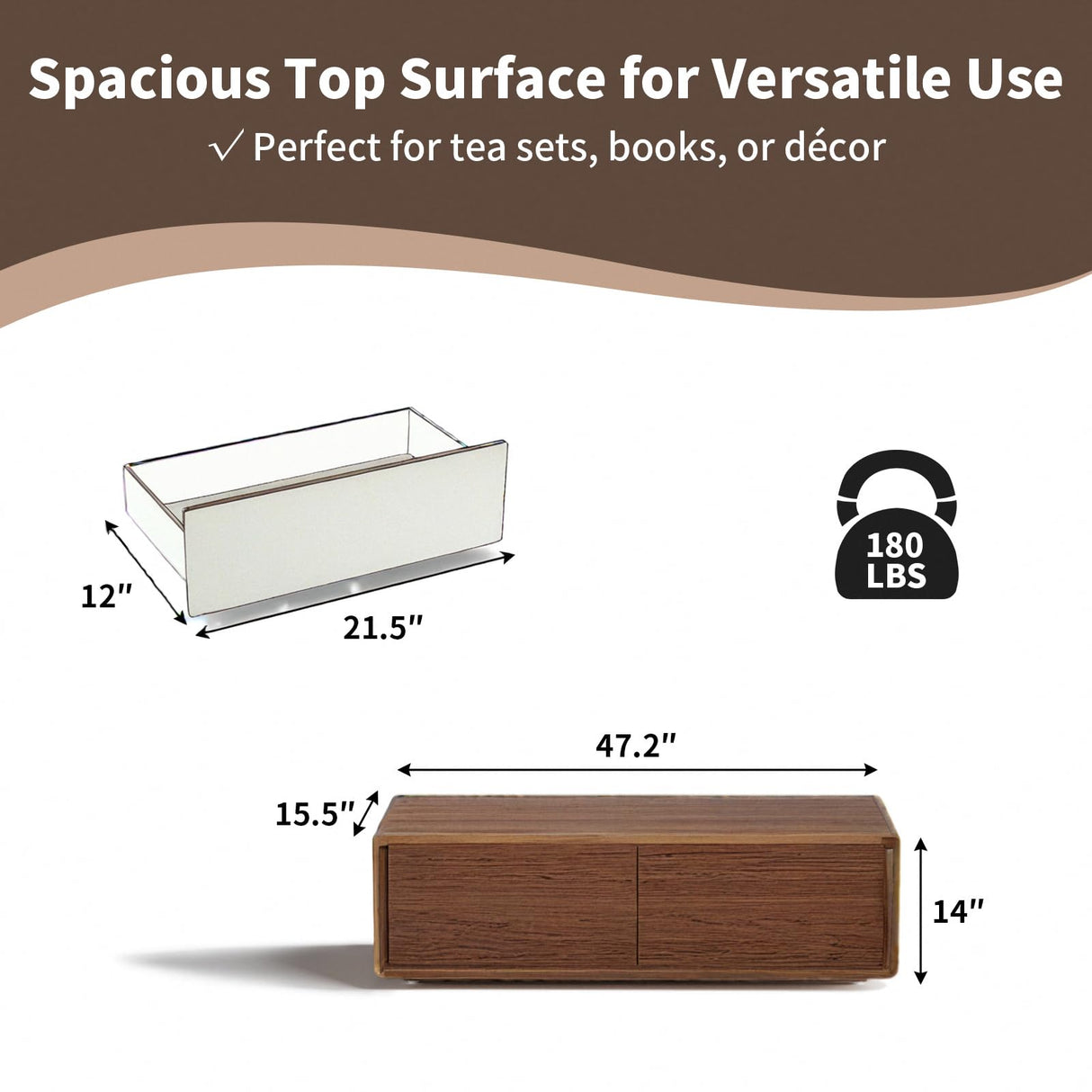 Luxury Walnut Wood Square Coffee Table with Large Hidden Storage, Expandable Tabletop Center Table for Living Room, Modern Accent Table with Drawers (Walnut Coffee Table) WuerQi