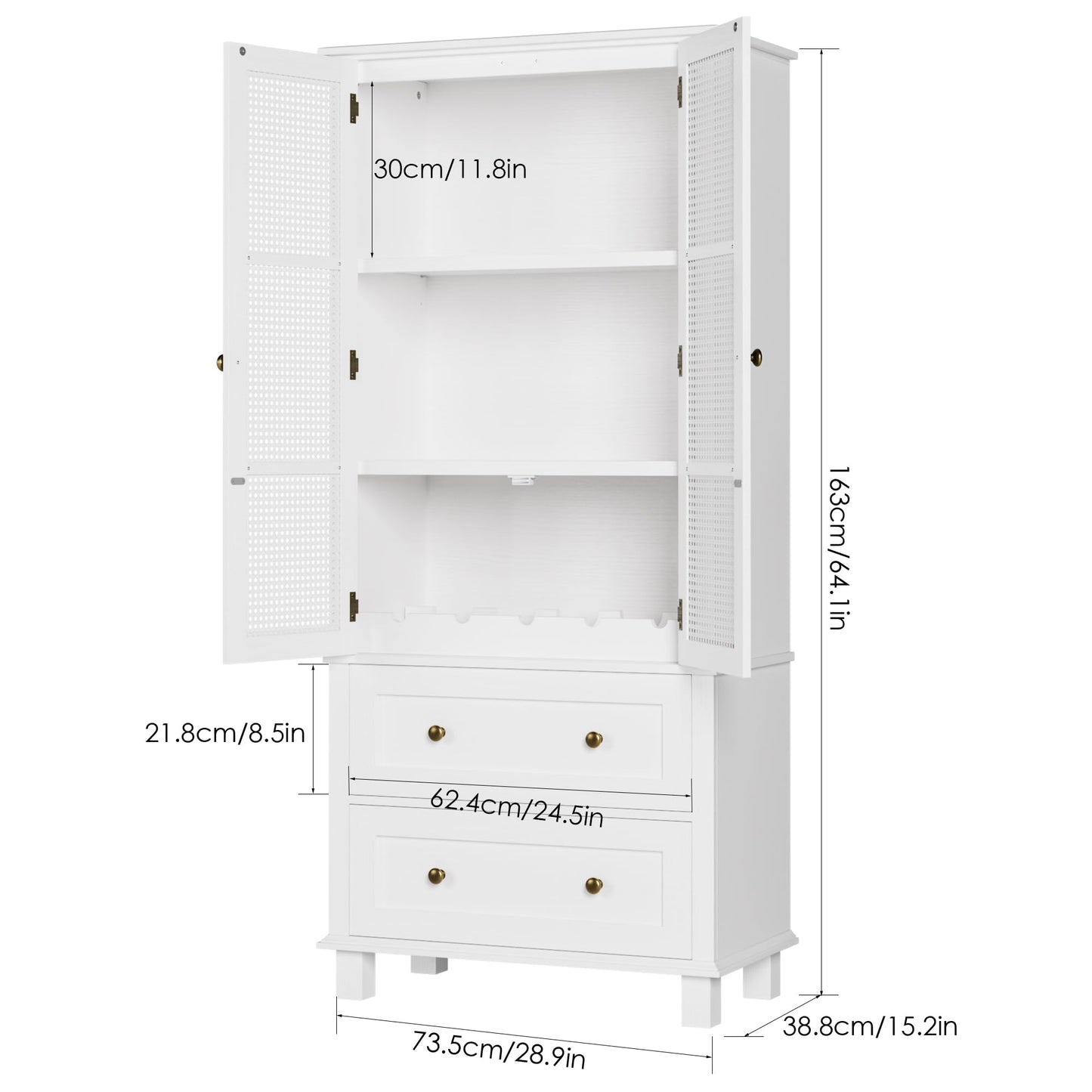 FOTOSOK Kitchen Pantry Storage Cabinet, Tall Cabinet with Rattan Doors and 2 Drawers, Freestanding Cupboard with Adjustable Shelves, Utility Pantry for Kitchen, Dining Room,White - WoodArtSupply