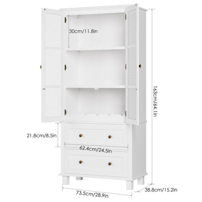 FOTOSOK Kitchen Pantry Storage Cabinet, Tall Cabinet with Rattan Doors and 2 Drawers, Freestanding Cupboard with Adjustable Shelves, Utility Pantry for Kitchen, Dining Room,White - WoodArtSupply