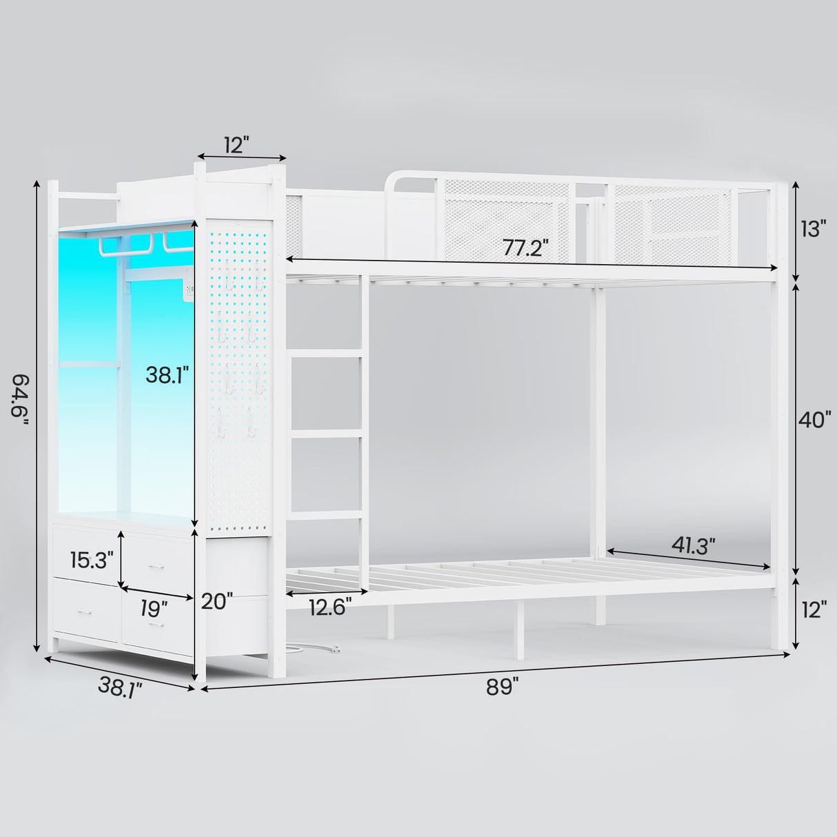 Itaar Metal Bunk Bed Twin Over Twin with Hall Tree, Power Outlet, LED Bunk Bed with 4 Storage Drawers, Bed with Safety Guardrail & Ladders, No Box Spring Needed, Easy Assembly, White Itaar