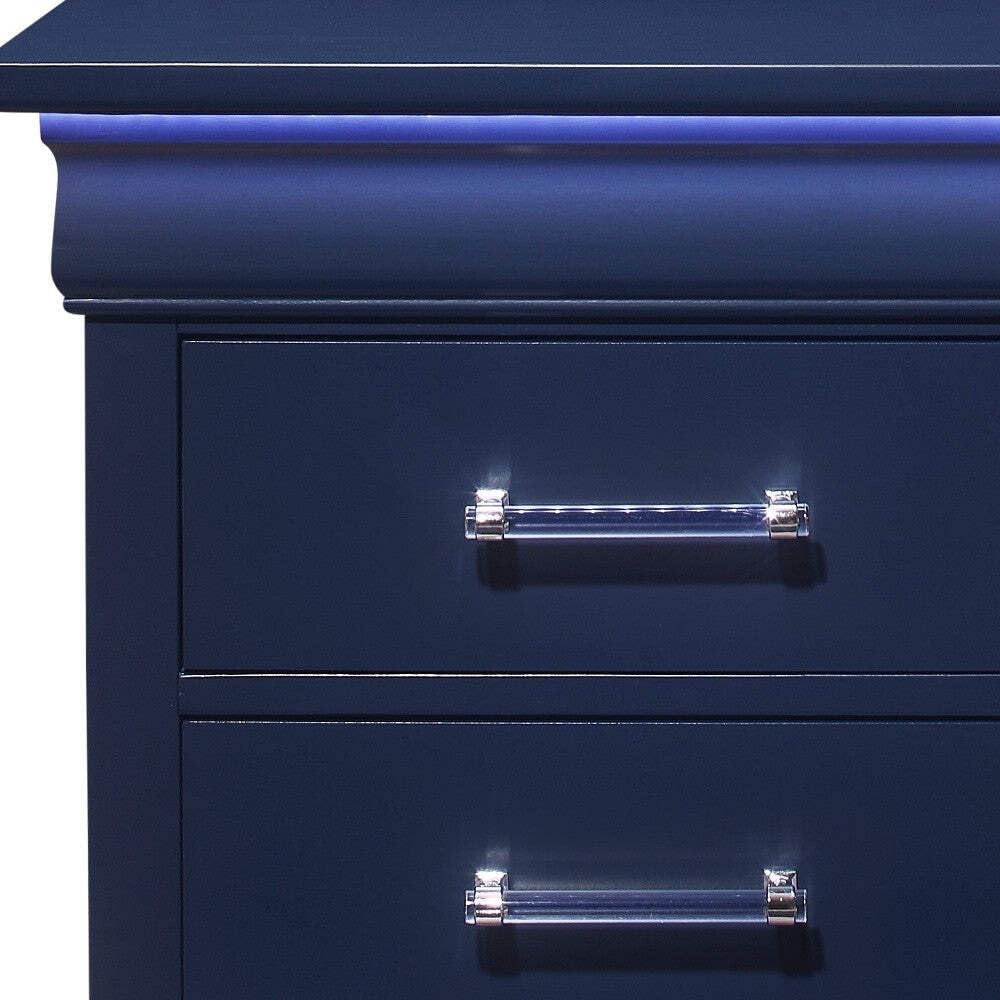 HomeRoots 482397 24 in. Two Drawer Solid Wood Lighted Nightstand Blue HomeRoots