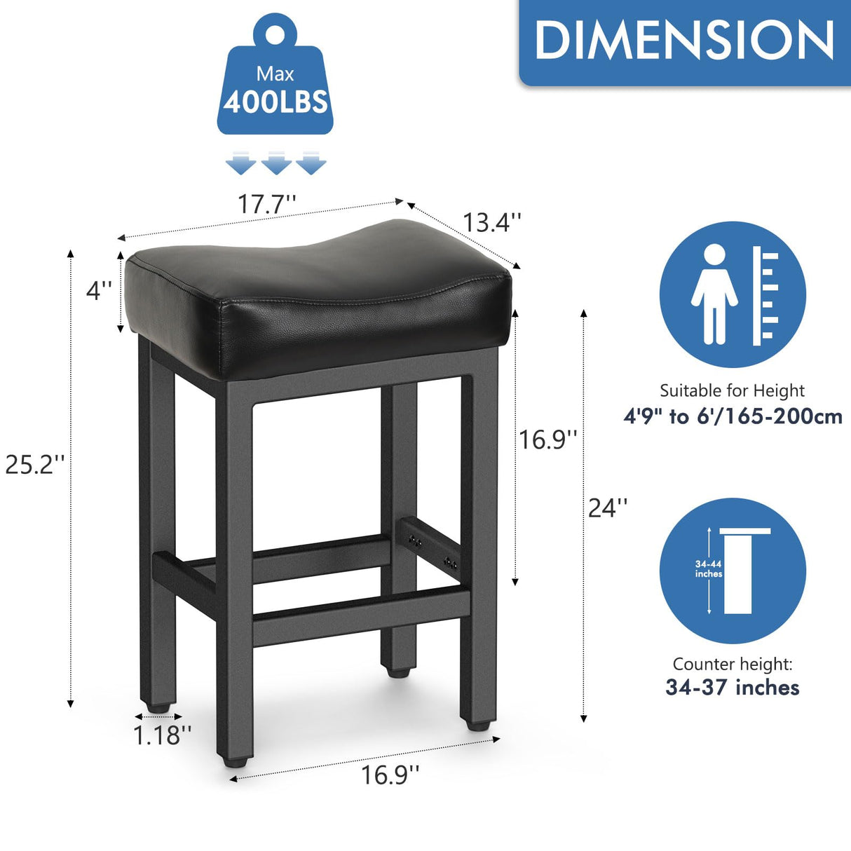 Raynesys Counter Height Bar Stools Set of 2, 24 Inch Barstools for Kitchen Island Counter, Bonded Leather Kitchen Stools with Thick Saddle Seats & Heavy Duty Metal Base, Easy Assembly, All Black Raynesys
